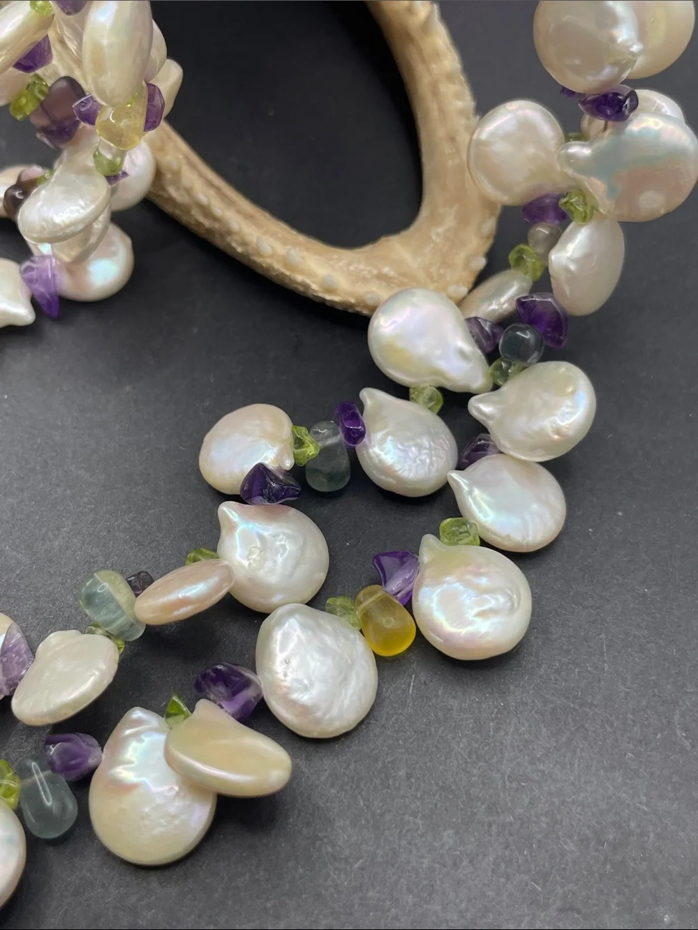 Cultured coin pearl with gemstones necklace 925 D25